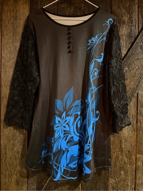 Tops - Women’s Black Tunic Top with Blue Floral Print